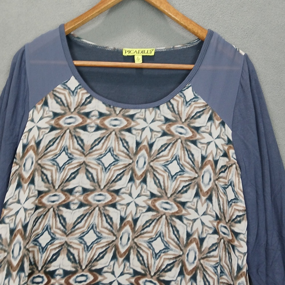 Picadilly Tunic Top Womens Large Dusty Blue Geometric Asymmetric Hem Round Neck - Picture 2 of 6